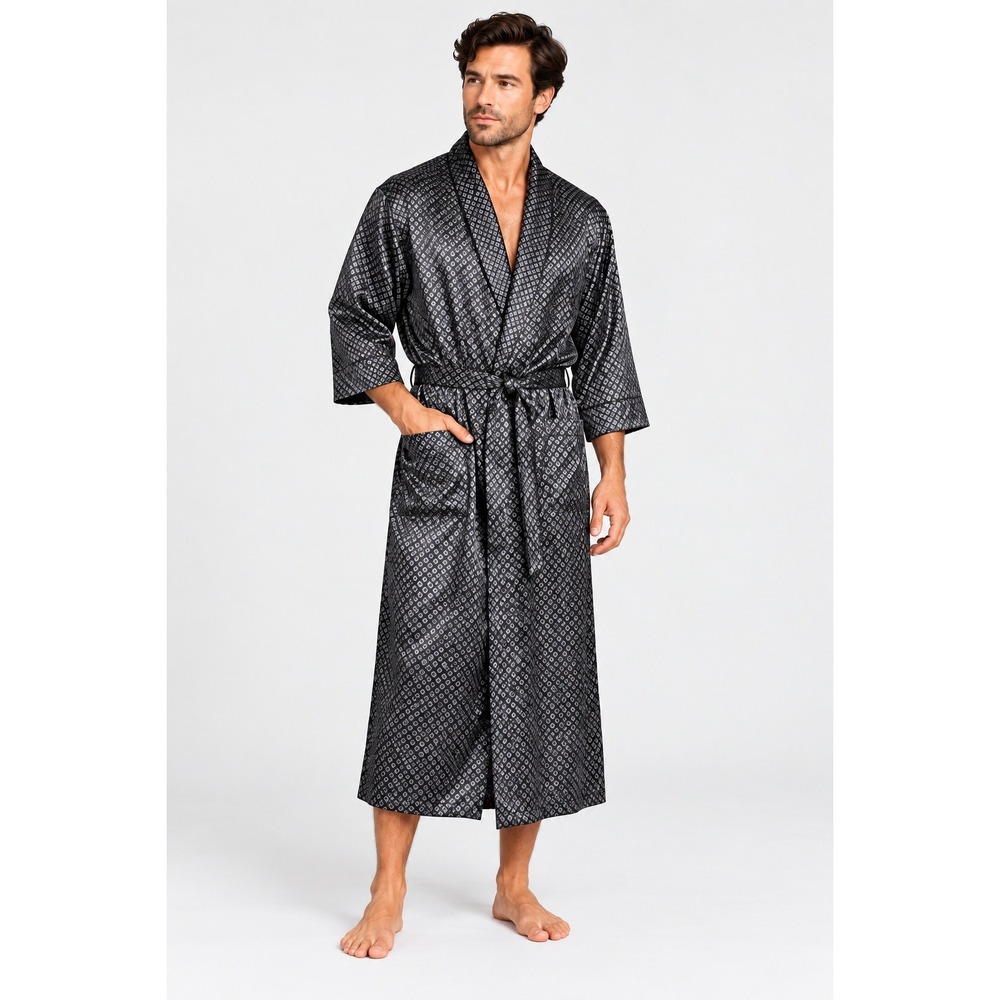 Robert Louis Mens Silk Blend Robe Black Silver Geometric Diamond OS Quiet Luxury